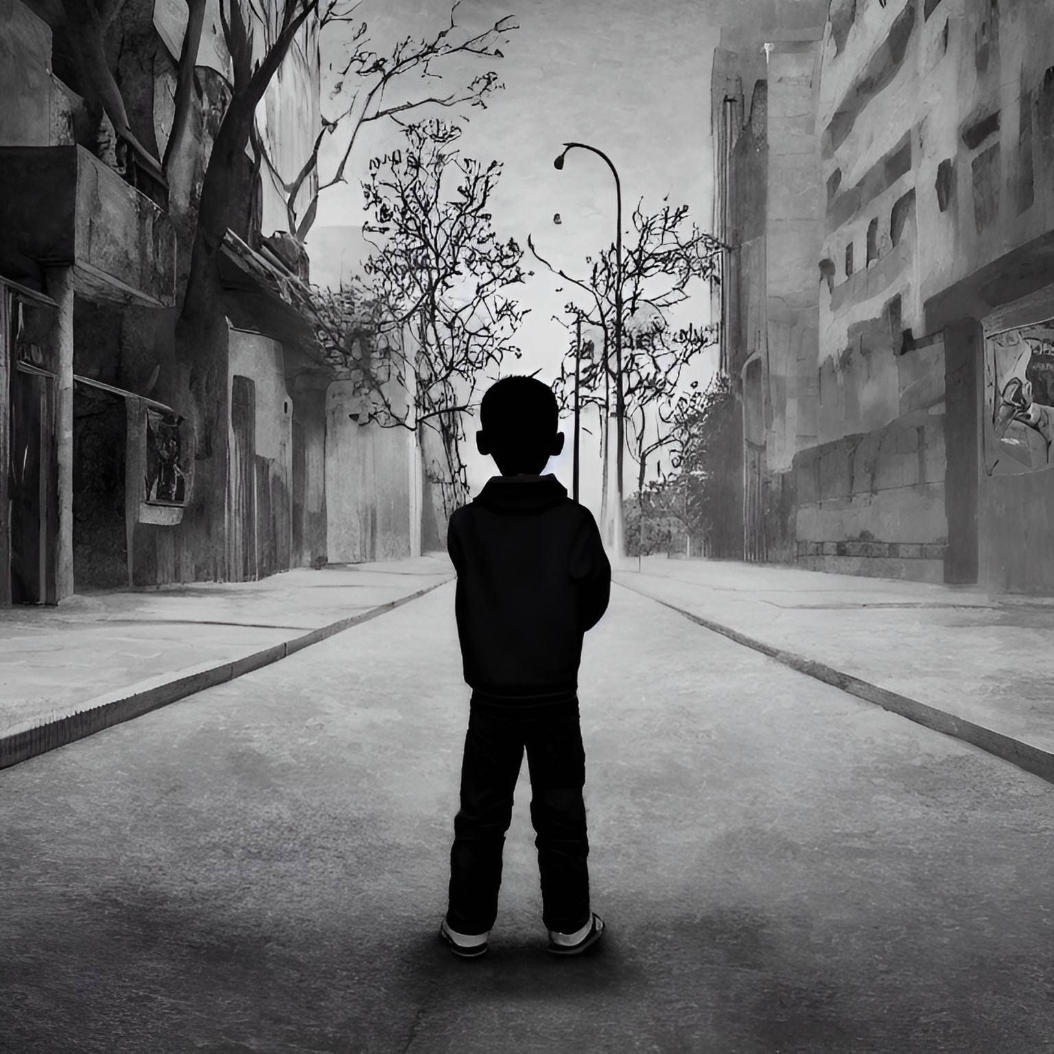 摩天城市钢铁中一个小男孩站在无人的街上背对着看着月亮